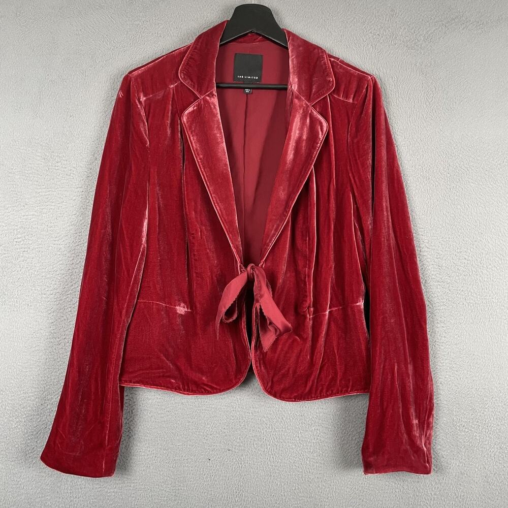The Limited Blazer Womens L Red Velvet Lined Collared Tie Front Short Silk Blend